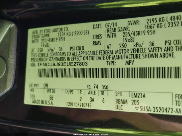 1FMCU9J93EUE27803 Ford Escape Titanium