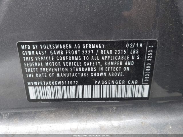 WVWPR7AU0KW911072 Volkswagen E-golf Sel Premium