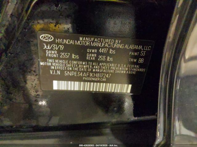 5NPE34AF1KH817247 Hyundai SONATA SEL