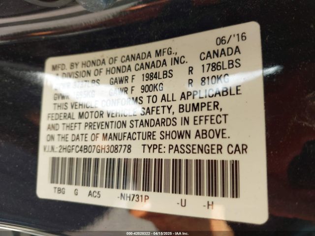 2HGFC4B07GH308778 Honda Civic Lx-p