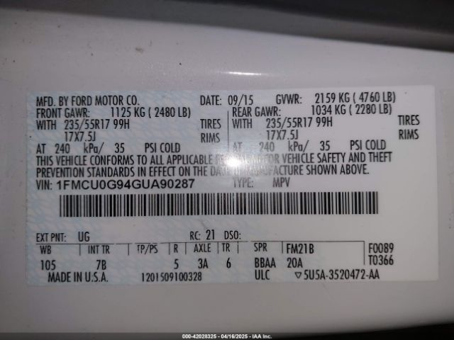 1FMCU0G94GUA90287 Ford ESCAPE SE