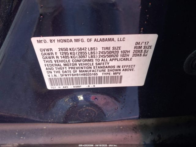 5FNYF6H91HB035165 Honda Pilot Touring