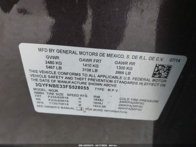 3GYFNBE33FS528055 Cadillac Srx Luxury Collection