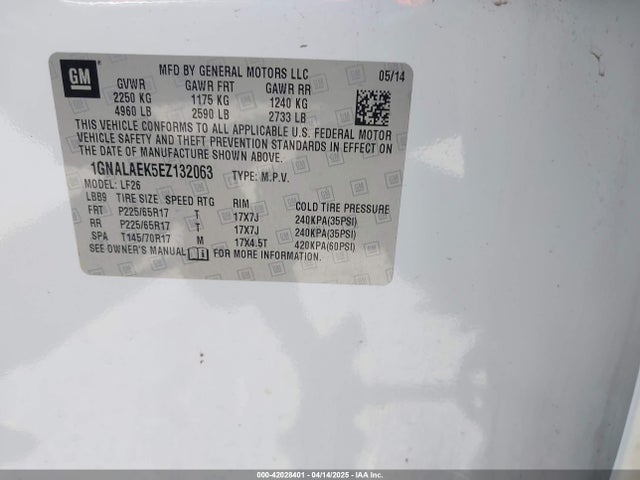 1GNALAEK5EZ132063 Chevrolet EQUINOX LS