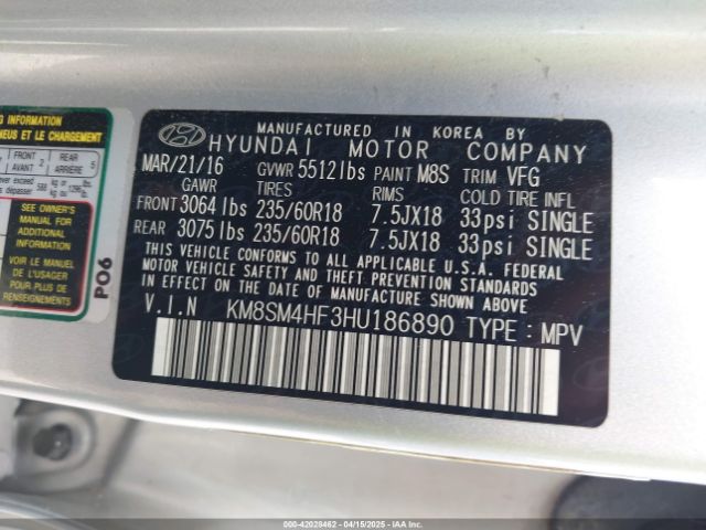 KM8SM4HF3HU186890 Hyundai Santa Fe Se