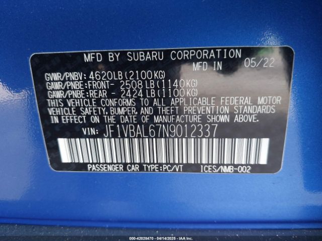 JF1VBAL67N9012337 Subaru Wrx Limited