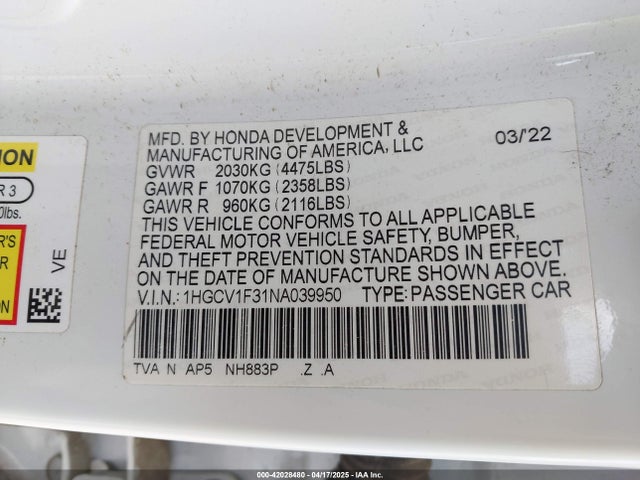 1HGCV1F31NA039950 Honda Accord Sport