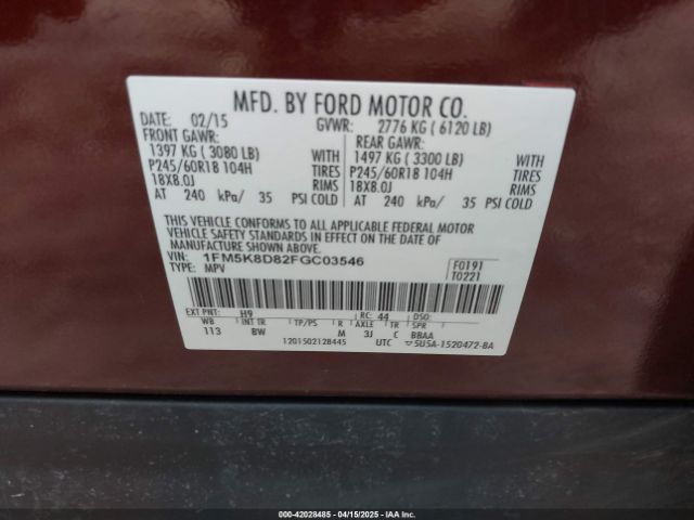 1FM5K8D82FGC03546 Ford EXPLORER XLT