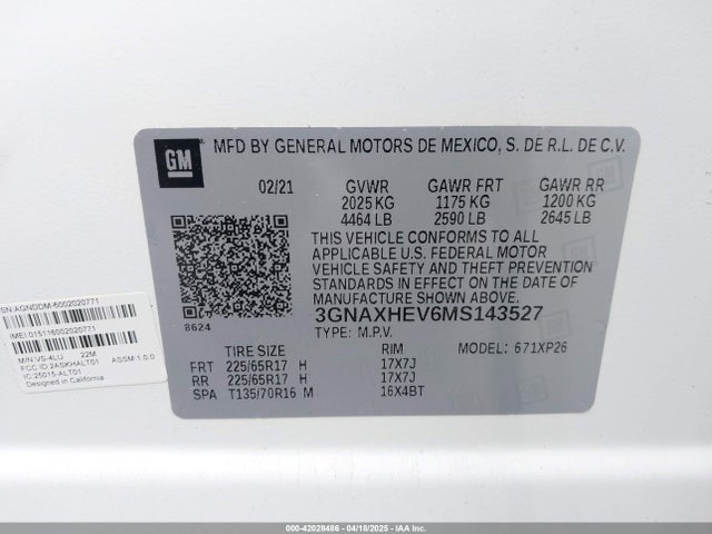 3GNAXHEV6MS143527 Chevrolet Equinox Fwd Ls