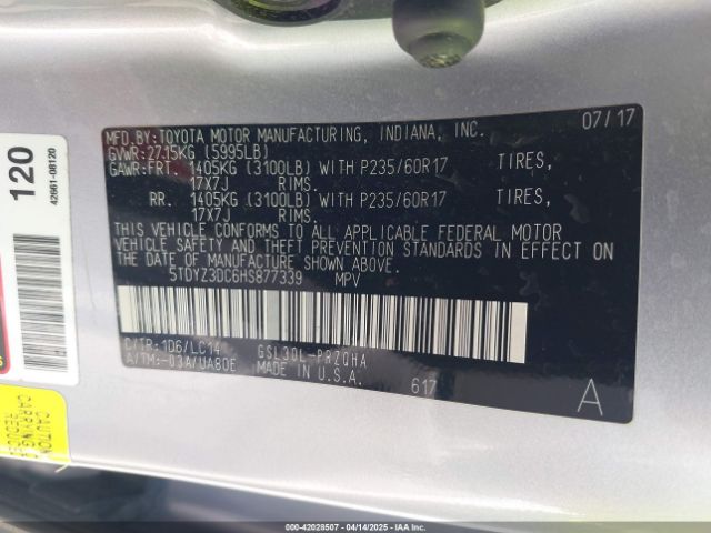 5TDYZ3DC6HS877339 Toyota Sienna Xle Premium 8 Passenger