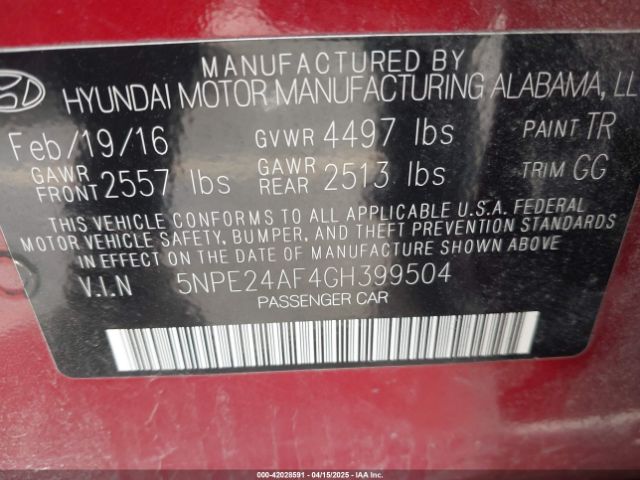 5NPE24AF4GH399504 Hyundai Sonata