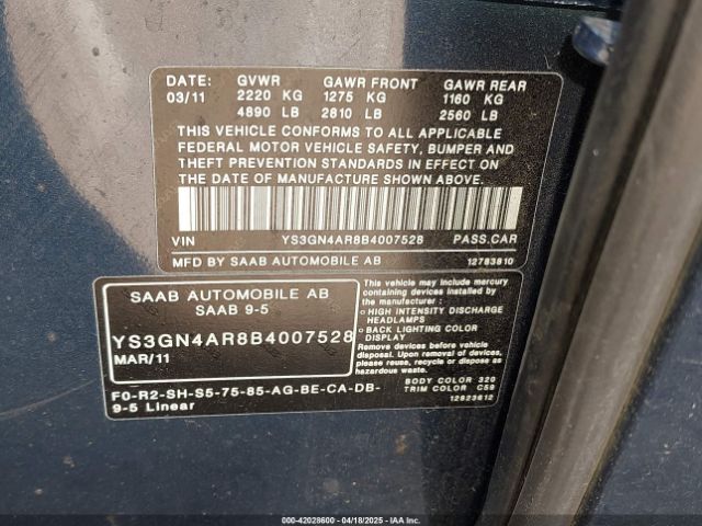 2011 SAAB 9-5 YS3GN4AR8B4007528 Photo 8