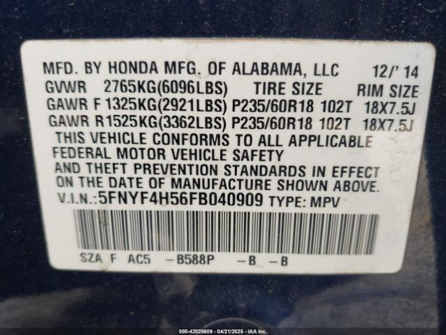 5FNYF4H56FB040909 Honda Pilot Ex-l