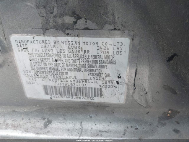 3N1CN7AP3JL872070 Nissan Versa 1.6 Sv