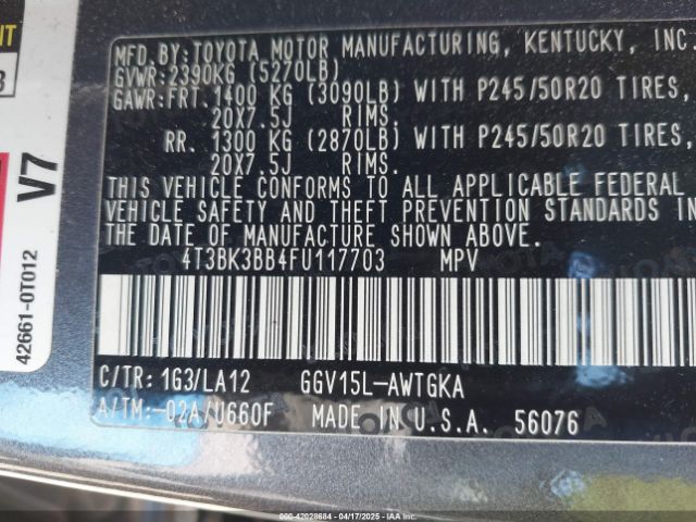 4T3BK3BB4FU117703 Toyota Venza Limited V6