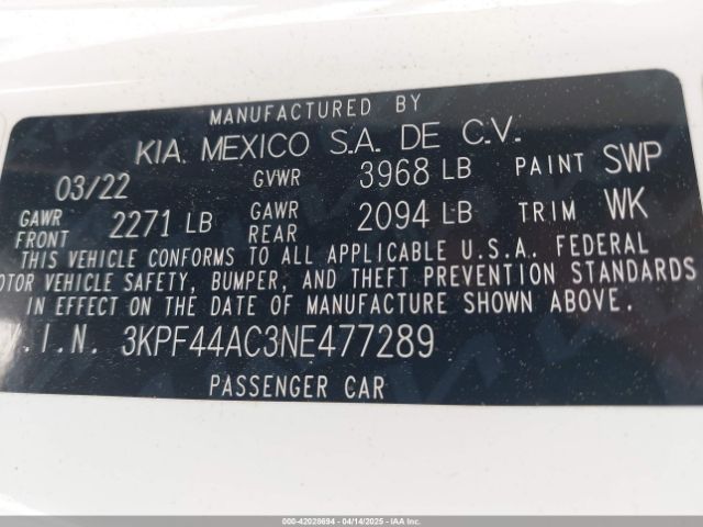 3KPF44AC3NE477289 KIA FORTE GT