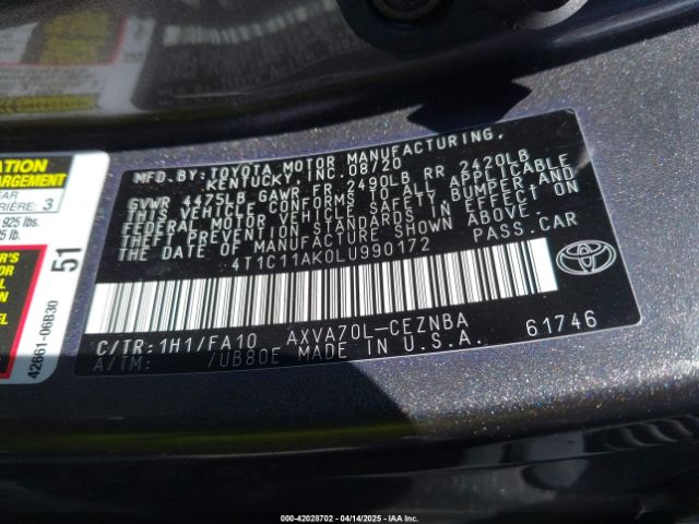 2020 TOYOTA CAMRY 4T1C11AK0LU990172 Photo 8