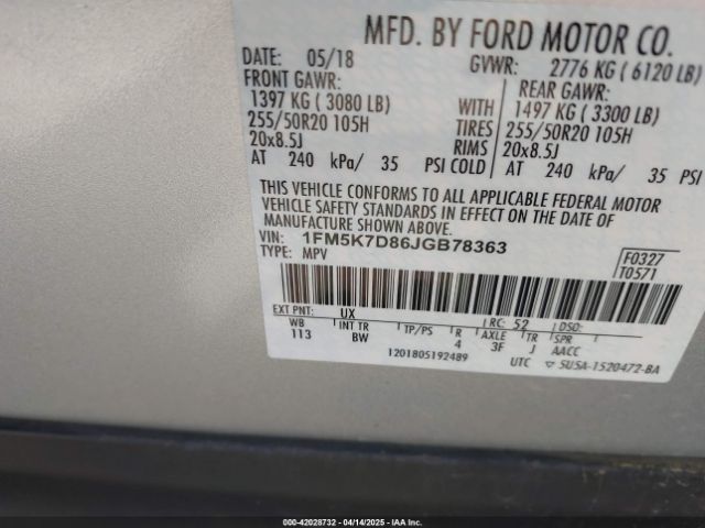 1FM5K7D86JGB78363 Ford EXPLORER XLT