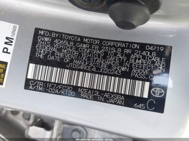 JTDS4RCE4LJ020243 Toyota COROLLA SE
