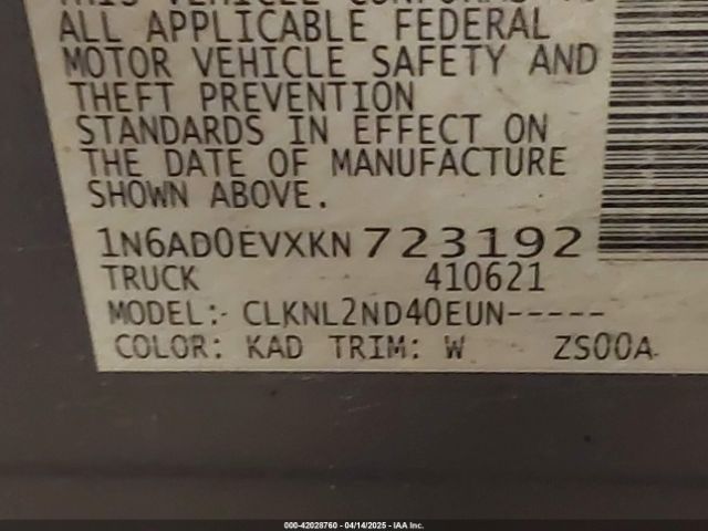 1N6AD0EVXKN723192 Nissan Frontier Sv