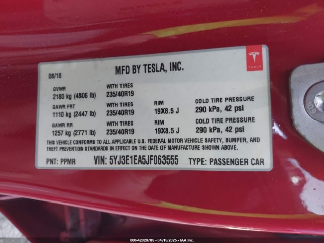 5YJ3E1EA5JF063555 Tesla Model 3 Long Range/mid Range