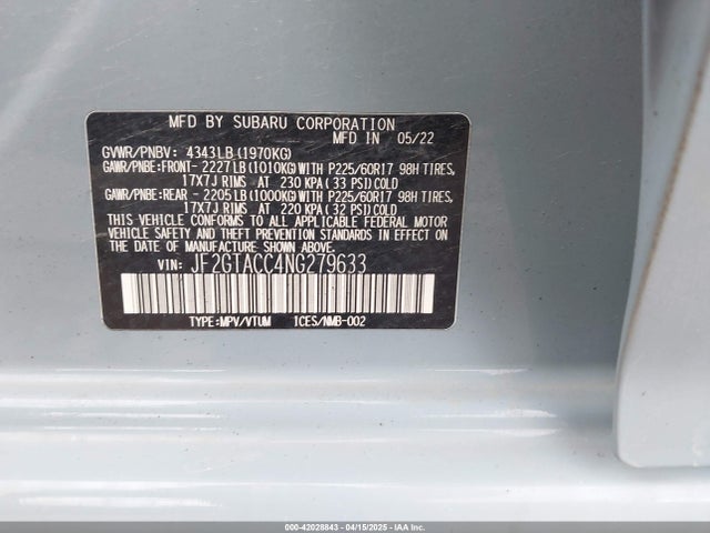 JF2GTACC4NG279633 Subaru Crosstrek Premium