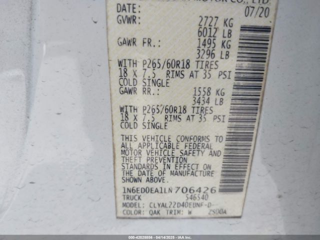1N6ED0EA1LN706426 Nissan Frontier Sv 4x2