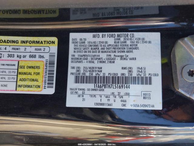 1FA6P8TH7L5169144 Ford Mustang Ecoboost Fastback