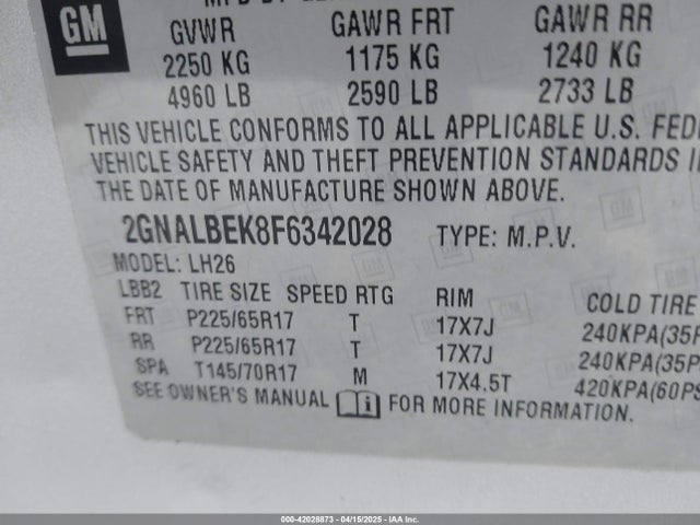 2GNALBEK8F6342028 Chevrolet EQUINOX 1LT