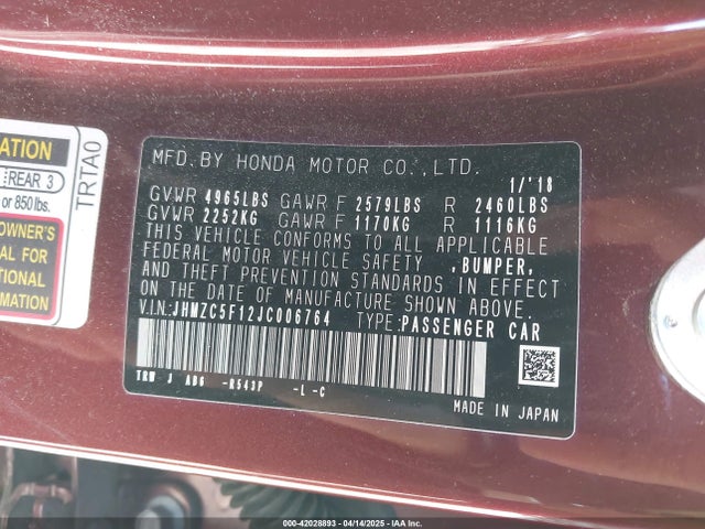 JHMZC5F12JC006764 Honda CLARITY PLUG-IN HYBRID
