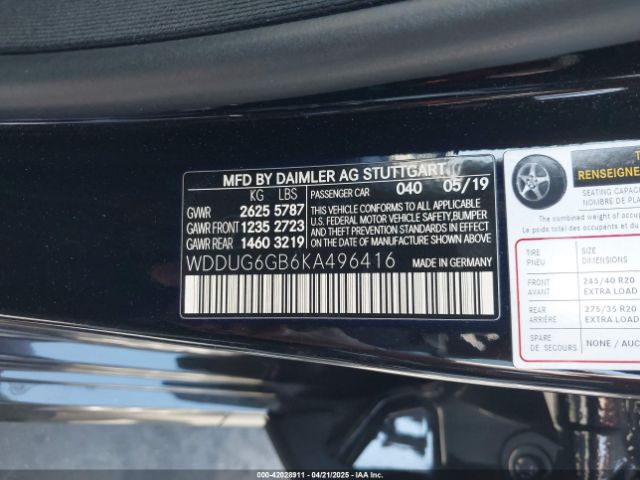 WDDUG6GB6KA496416 Mercedes-Benz S 450