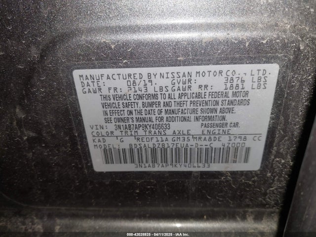 3N1AB7AP9KY406633 Nissan SENTRA SV