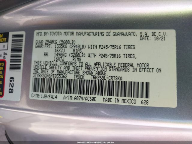 3TYRX5GN6NT035362 Toyota Tacoma Sr