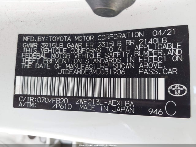 Toyota Corolla Hybrid Le 2021 JTDEAMDE3MJ031906 Image 9