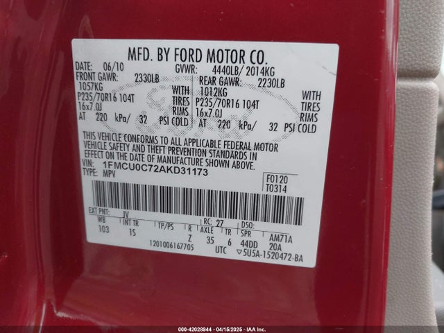 42028944 :رقم المزاد ، 1FMCU0C72AKD31173 vin ، 2010 Ford Escape Xls مزاد بيع