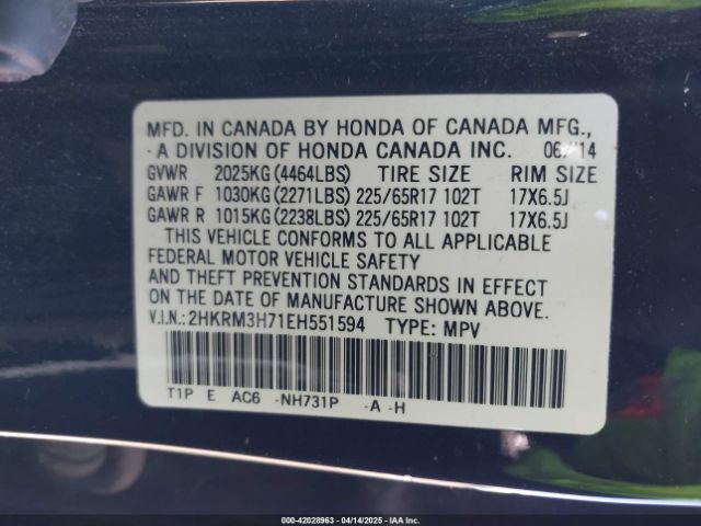 2HKRM3H71EH551594 Honda Cr-v Ex-l