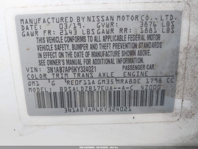 3N1AB7AP6KY324021 Nissan SENTRA SV
