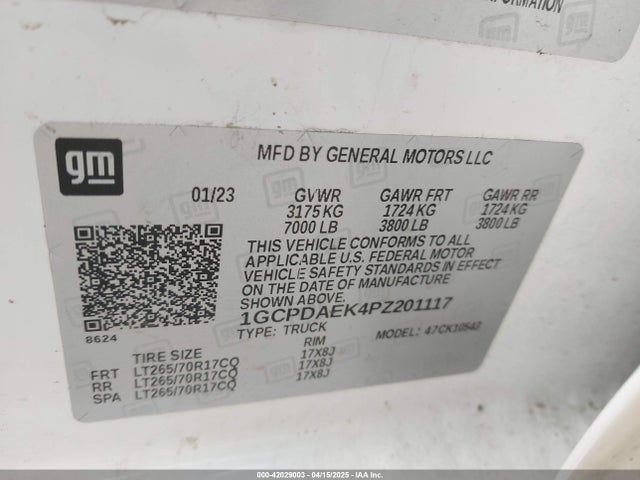 1GCPDAEK4PZ201117 Chevrolet Silverado 1500 4wd  Short Bed Wt
