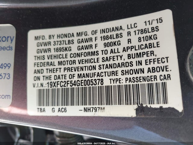 Honda Civic Lx 2016 19XFC2F54GE005378 Image 9