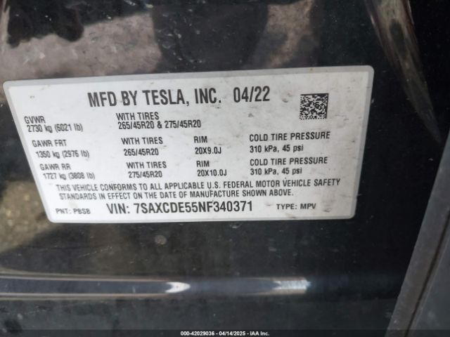 7SAXCDE55NF340371 Tesla Model X Dual Motor All-wheel Drive/plaid Tri Motor All-wheel Drive