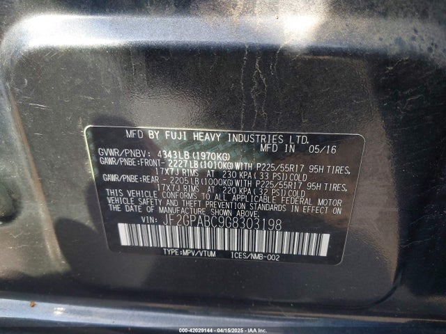 JF2GPABC9G8303198 Subaru Crosstrek 2.0i Premium