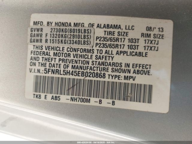 5FNRL5H45EB020868 Honda ODYSSEY EX