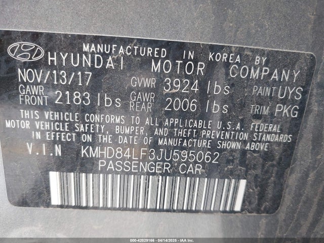 KMHD84LF3JU595062 Hyundai Elantra Value Edition