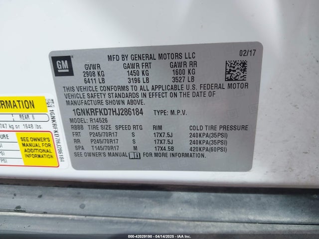 1GNKRFKD7HJ286184 Chevrolet Traverse Ls
