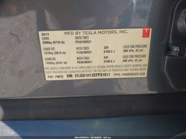 5YJSA1H1XEFP31911 Tesla Model S P85