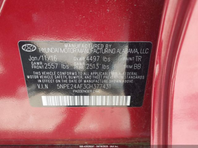 5NPE24AF3GH377431 Hyundai SONATA SE