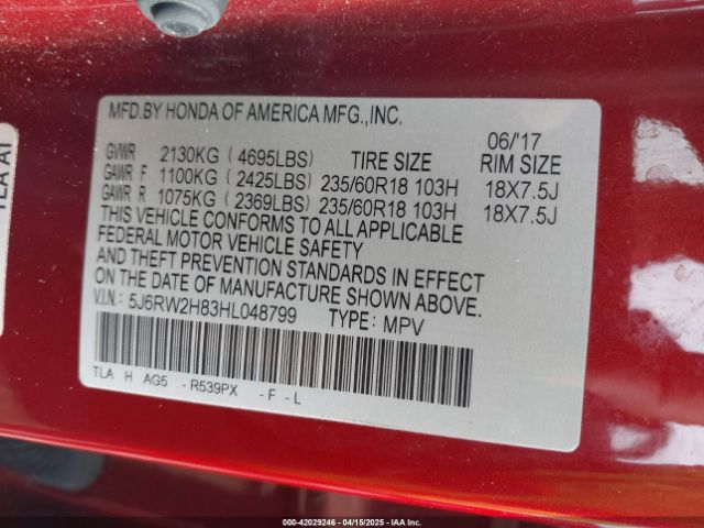 5J6RW2H83HL048799 Honda Cr-v Ex-l/ex-l Navi