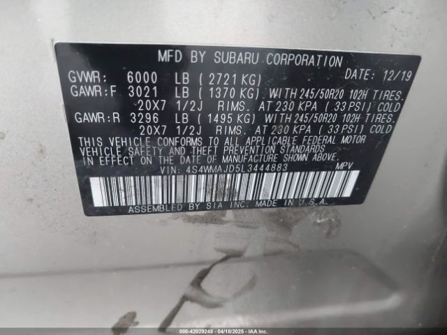 4S4WMAJD5L3444883 Subaru Ascent Limited