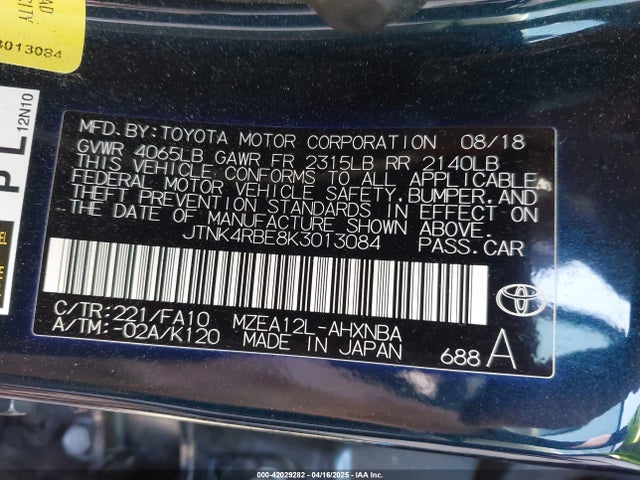 JTNK4RBE8K3013084 Toyota COROLLA SE