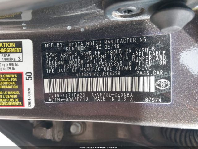 4T1B31HK2JU504728 Toyota Camry Hybrid Le